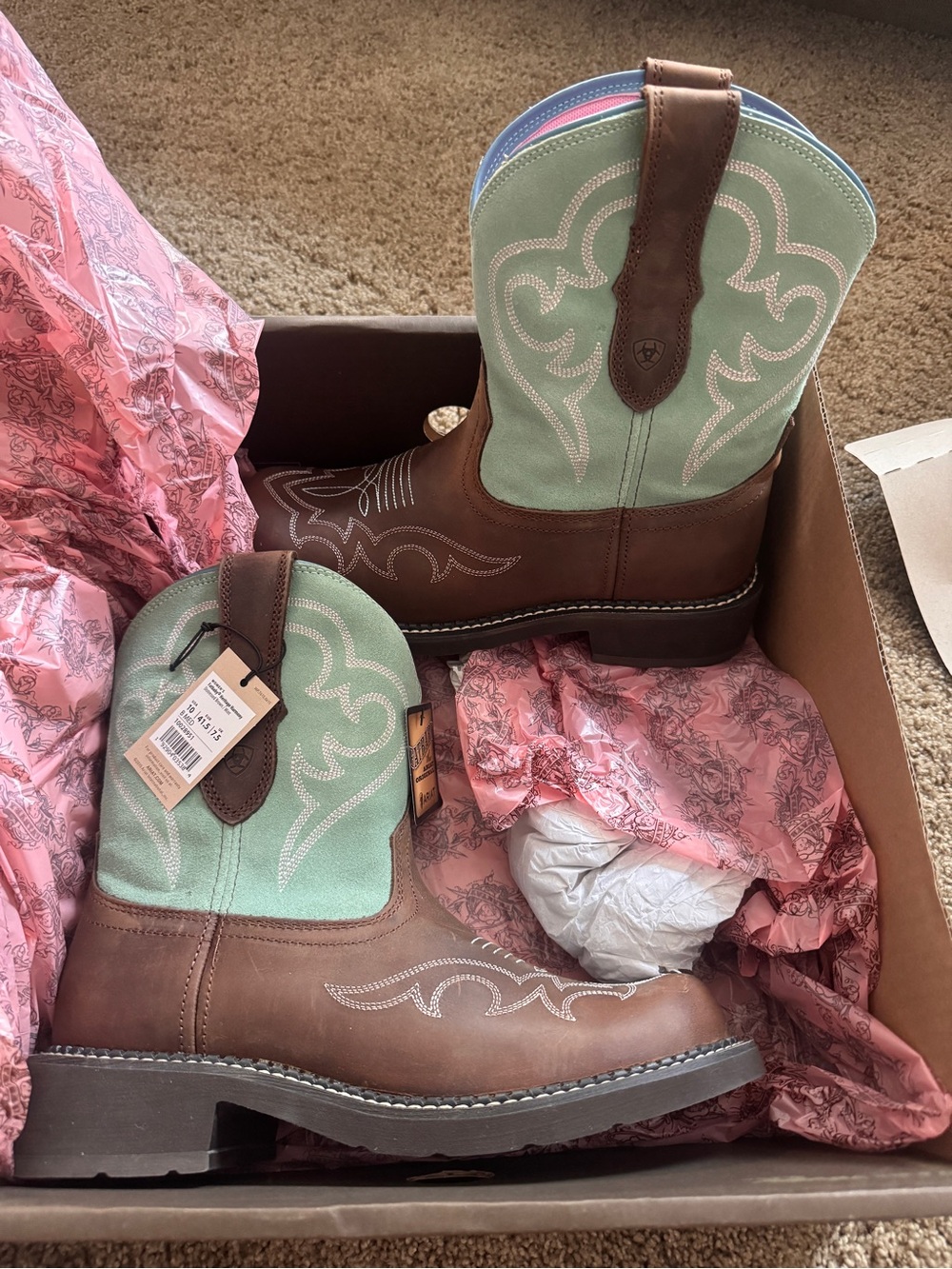 Ariat Fatbaby Heritage Harmony Women's Brown & Teal Boots, size 10, new in box - Picture 2 of 2